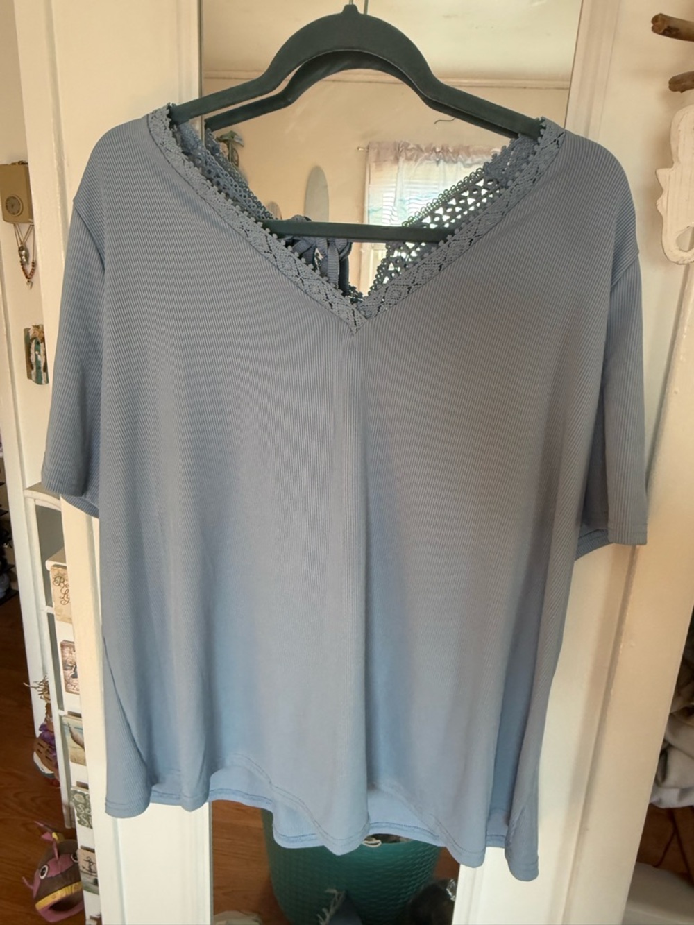 SHEIN Light Blue V-Neck Crochet Trim Short Sleeve Top